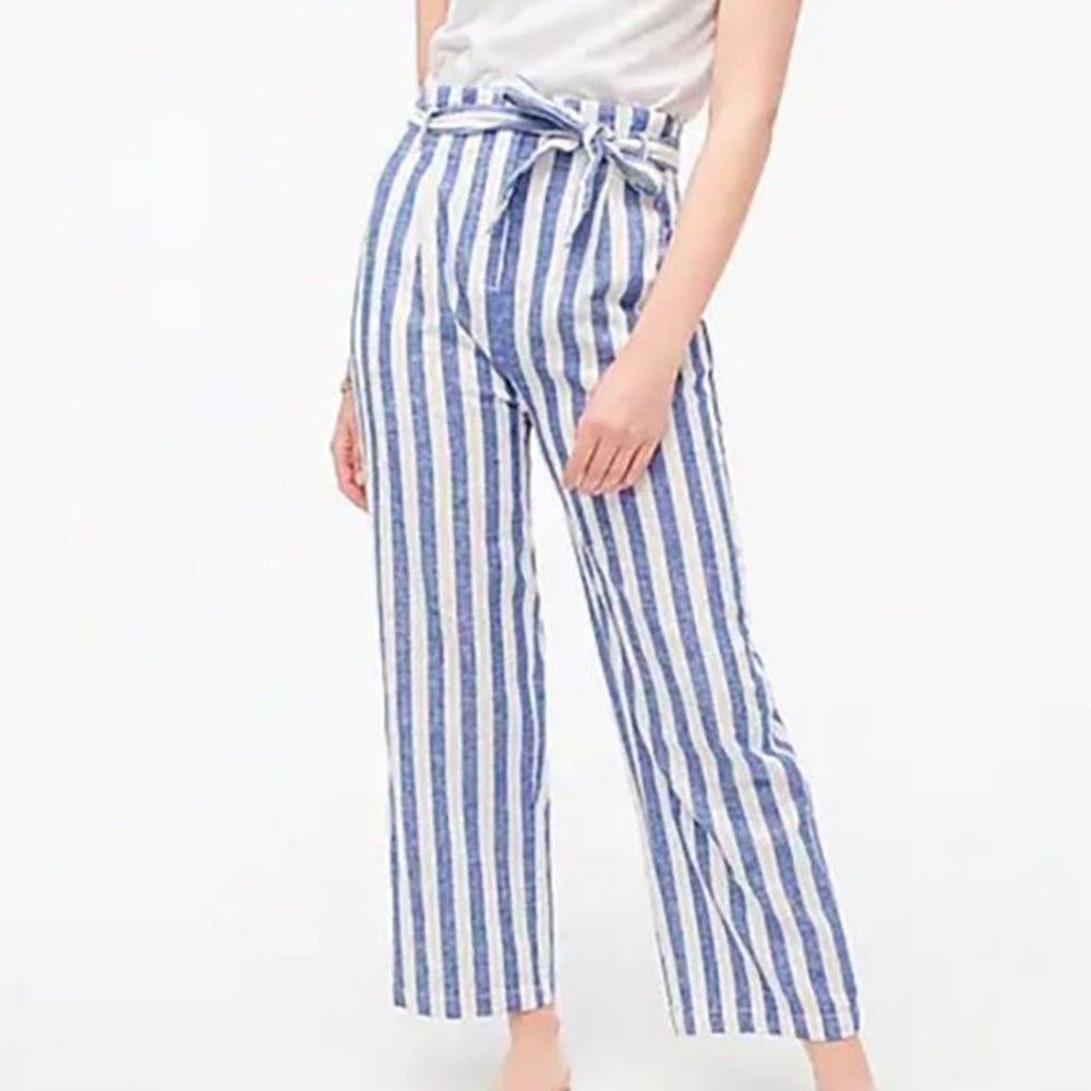 J Crew Wide Leg Paper-Bag Pants Size 4 Blue White Stripe Linen-Cotton Pockets